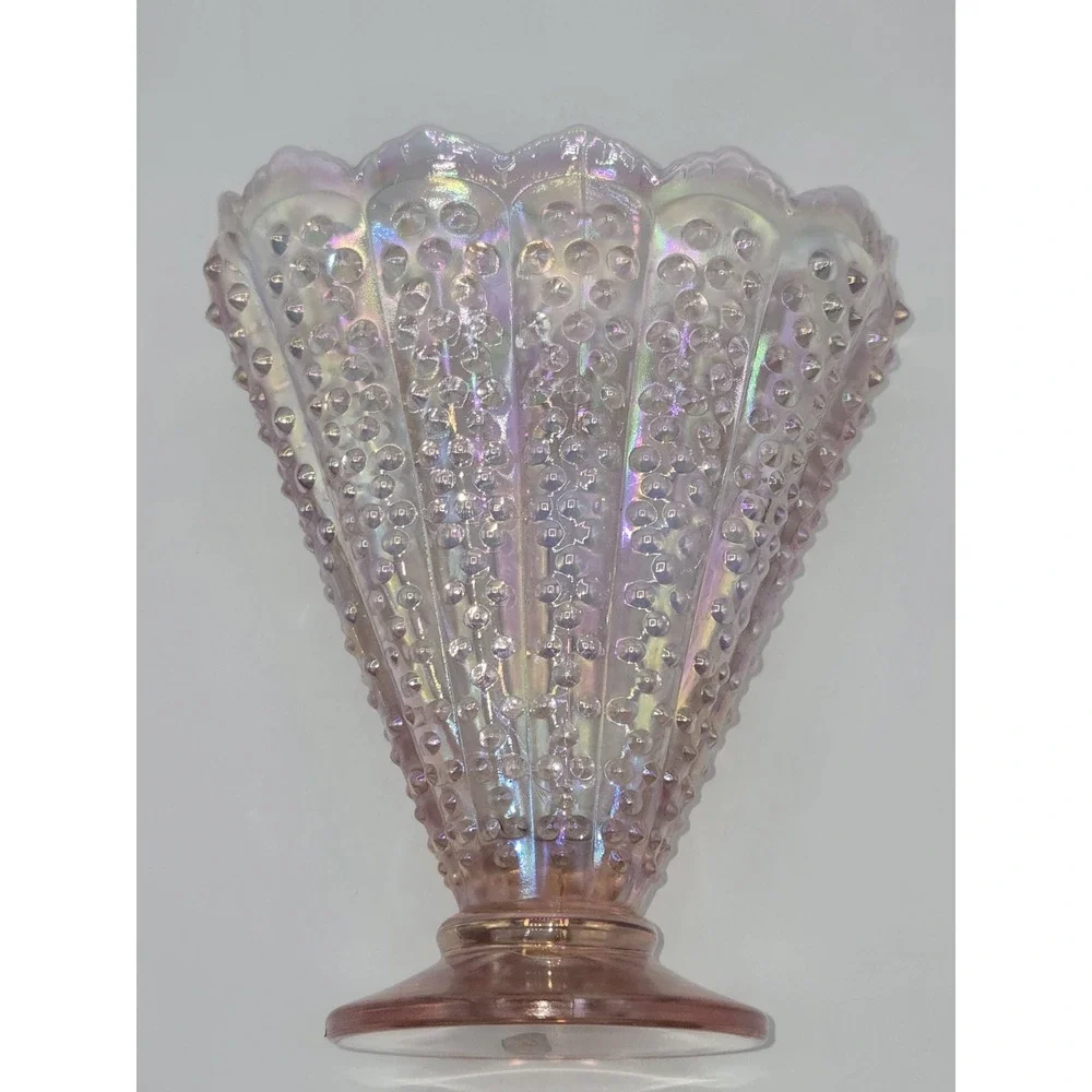 Fenton Glass 95th Anniversary Iridized Pink Opalescent Hobnail Fan‎ Vase 8